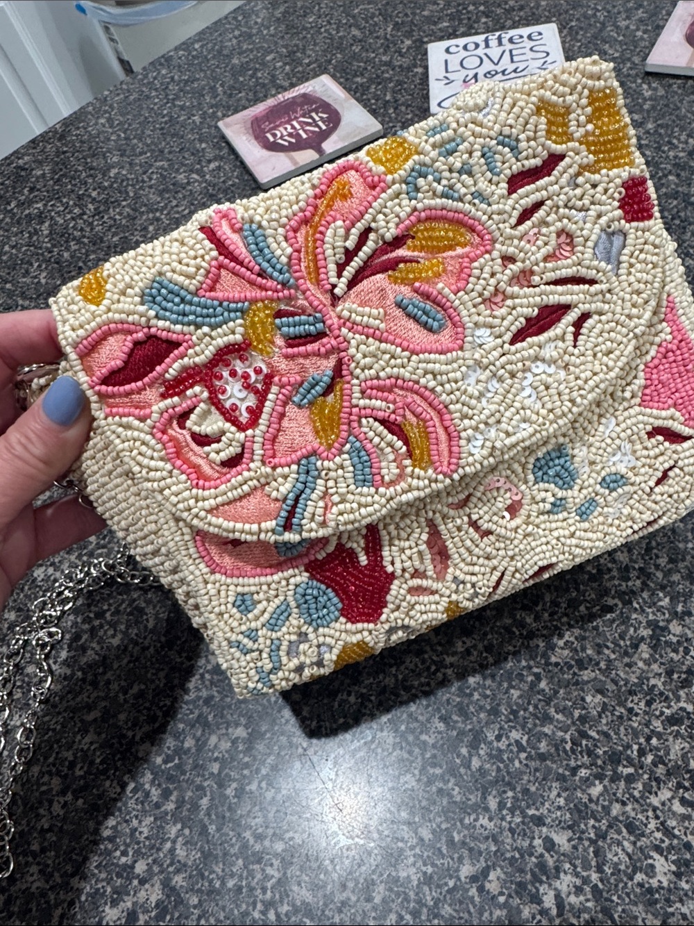 Beaded Floral Envelope Clutch in Cream, Pink & Blue